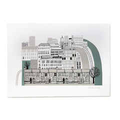 Lush Designs print of the city, buildings old and modern and a river