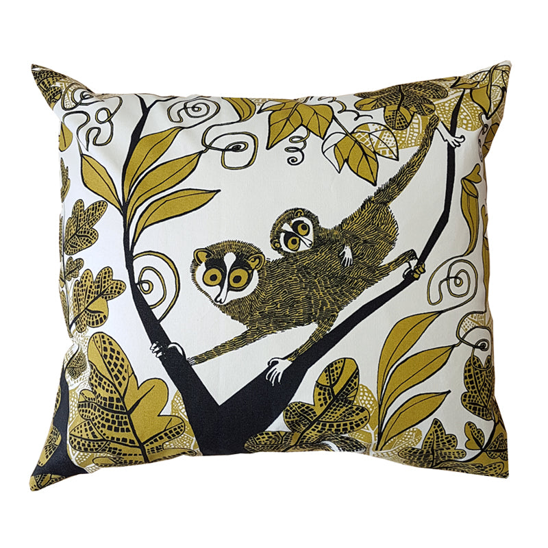 Lush Designs cushion with print of slender lorises in the jungle