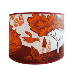 Lush Designs lampshade with print of woodland scene and flowers with small bird in orange and plum colour