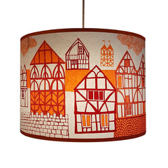 Lush Designs lampshade printed with tudor houses in shades of orange