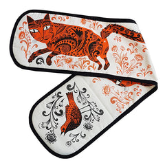 Lush Designs double oven mit with orange and black print of patterned cat, flowers and bird