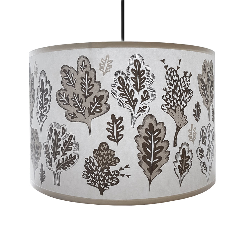Pale grey lampshade with pale grey leafy print
