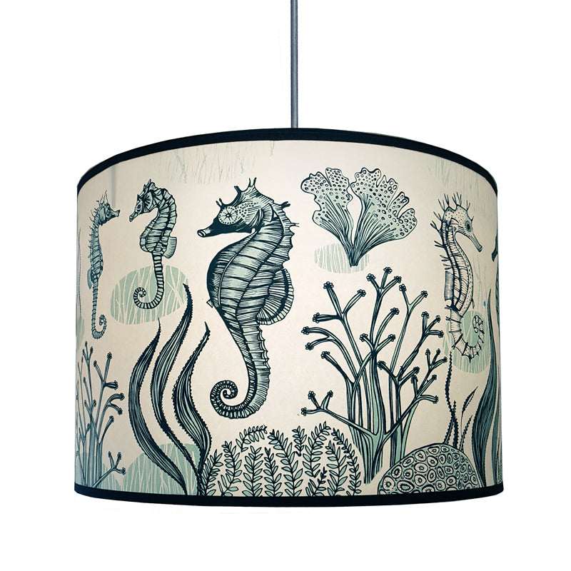 Lampshade with print of seahorses in shades of blue