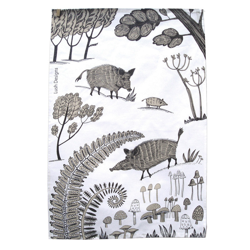 Lush Designs tea towel with Wild Boars, ferns and mushrooms printed in brown and black on white
