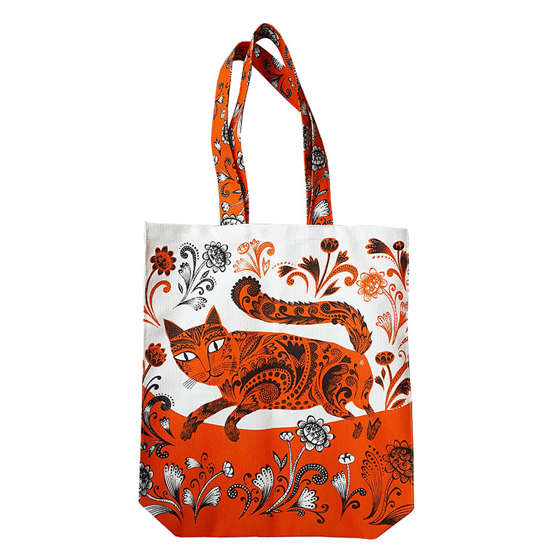 Lush Designs tote bag with long floral straps and print of orange patterned cat 