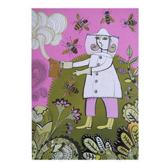 Lush Designs, gold-foil decorated card with beekeeper, bees and flower design in pink and green