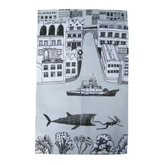 Lush Designs London and the Thames on a tea towel in light grey and black on white with illustration of whale shark chasing a swimmer in the water!