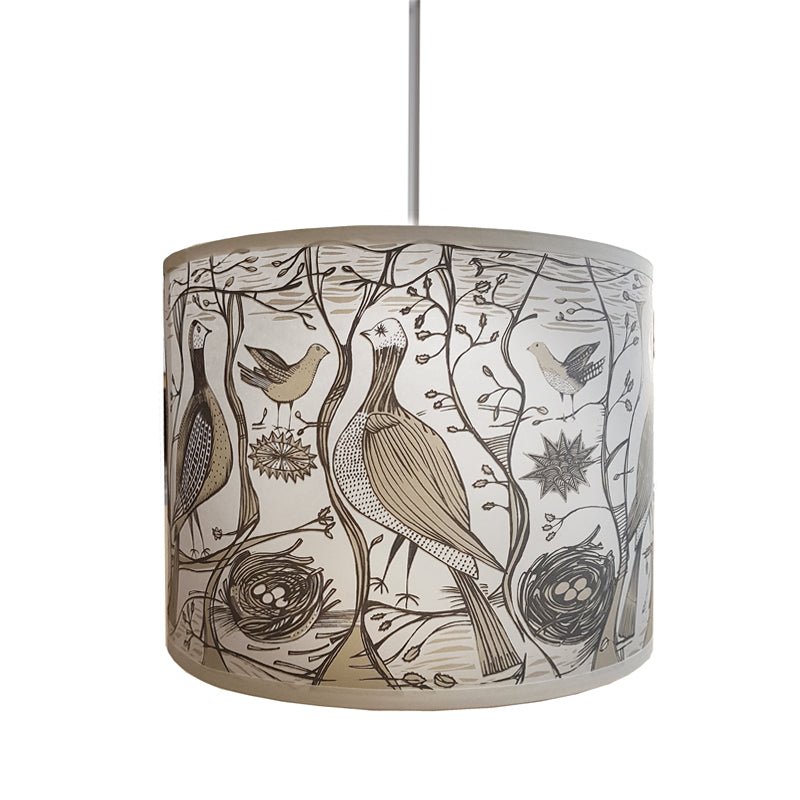 Lush Designs lampshade printed with birds in a woodland setting in neutral colours