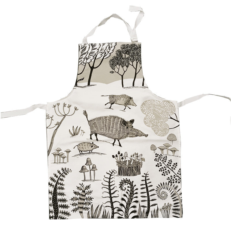 Lush Designs Wild Boar print apron in white with beige and black print of wild boar, piglets and mushrooms