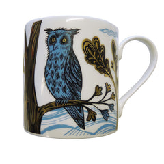 Lush Designs bone china mug with blue, black and gold lustre print of owl