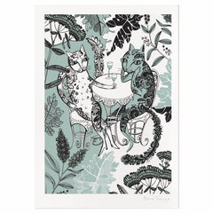 Print on heavy textured paper of two cats in the garden drinking wine