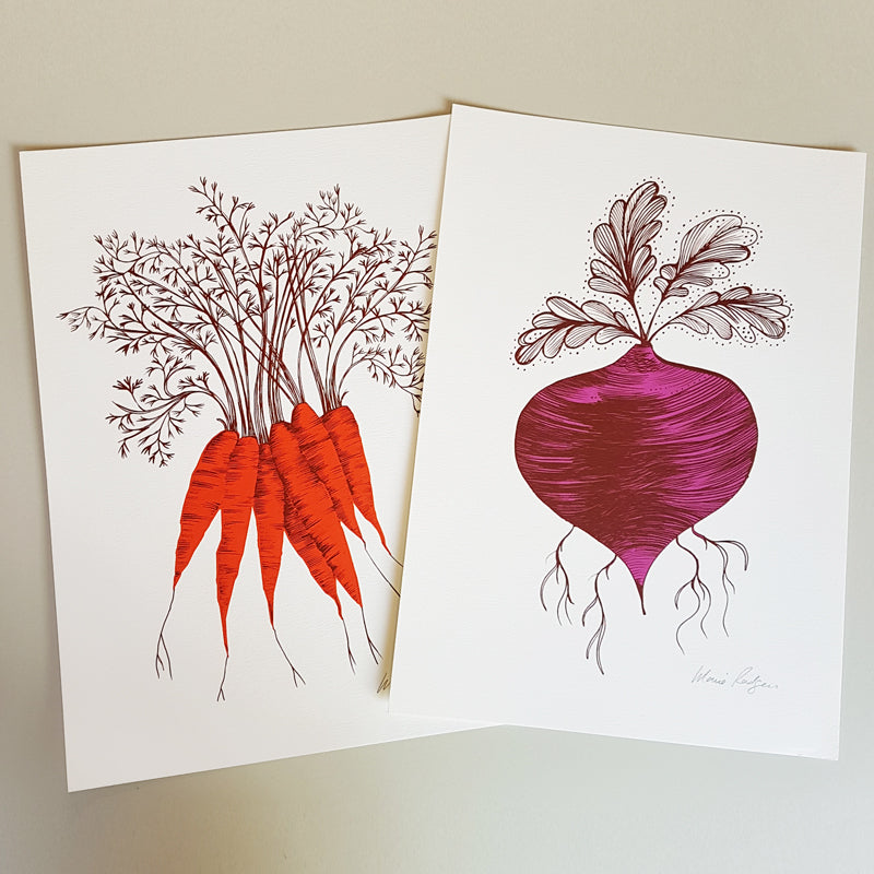 Lush Designs carrot print and beetroot print on heavy textured paper