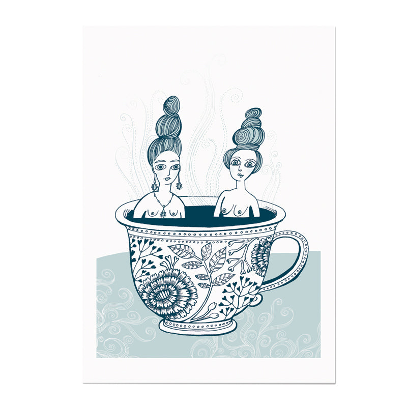 Art print on heavy paper of two naked ladies bathing in a tea cup