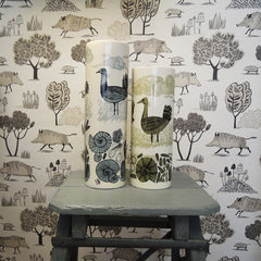 Lush Designs wild Boar print wallpaper with two vases with Wild Bustard print in green and blue