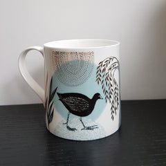 Lush Designs bone china mug with moorhen print in black and light blue and gold embellishment