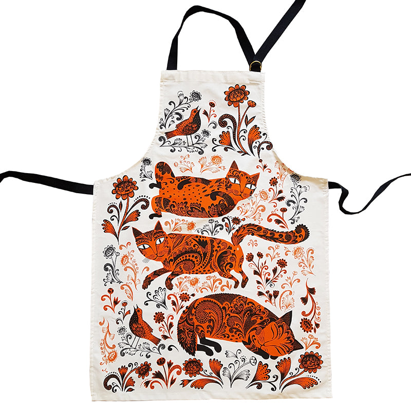 cotton apron with print of kittens in orange and black