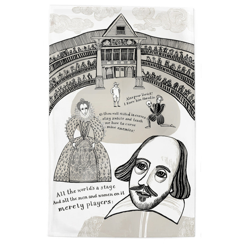 Lush Designs cotton teatowel with beige and black print of Shakerpeare Queen Elizabeth 1st and Hamlet at the Globe theatre