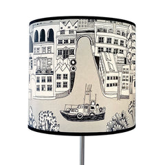 Lush Designs lampshade with print of little boat on the Thames and black line drawing of buildings