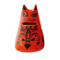 cat-shaped pottery money bank in orange-red with fancy patterns