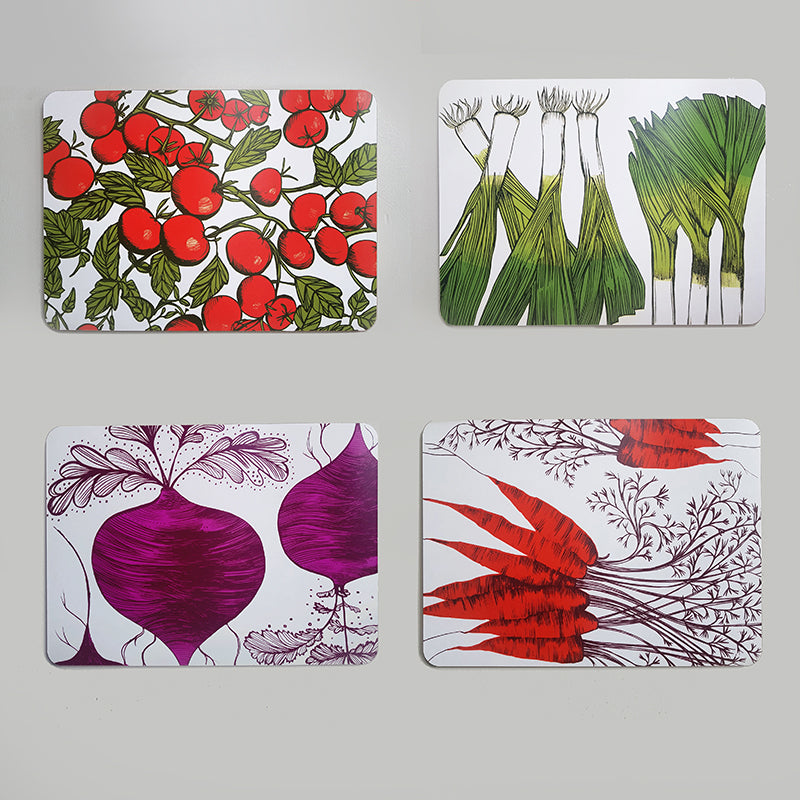 Lush Designs set of Four vegetable print table mats, printed with tomatoes, leeks, beetroot and carrots