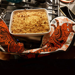apple crumble and orange cat oven gloves