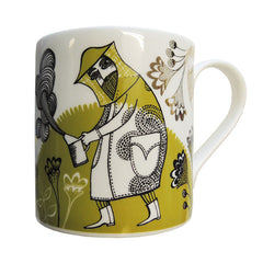 Lush Designs bone china mug with delicate and hunorous chartreuse green design of beekeeper, bees and flowers embellished with gold lustre