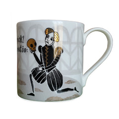 Hamlet mug featuring the Dane holding a golden skull and the quote "Alas poor Yorick..."