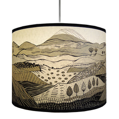 Lush Designs lampshade with print of rolling hills printed in shades of grey, black and brown