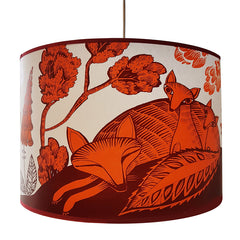 Lush designsLarge lampshade with print of sleeping fox and cubs in deep orange and plum