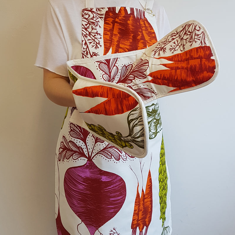 Lush Designs cotton apron and oven gloves with colourful vegetable print