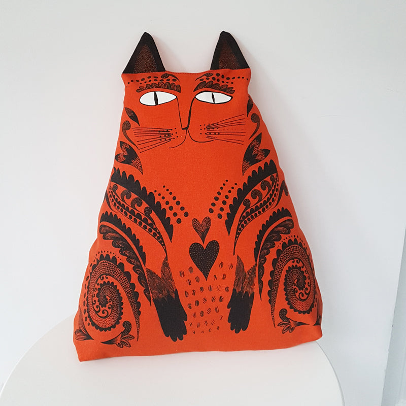 Lush Designs cat-shaped cushion in rich orange 