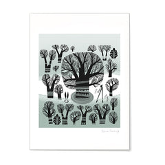print of winter trees in a greyish green landscape