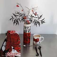 Lush Designs Fox tea towels with red and black and white vase and lion print mug of tea